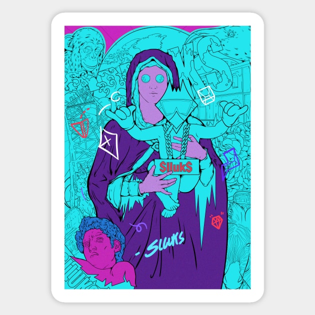 Dope Slluks chicken character chilling with virgin Mary montage illustration Sticker by slluks_shop